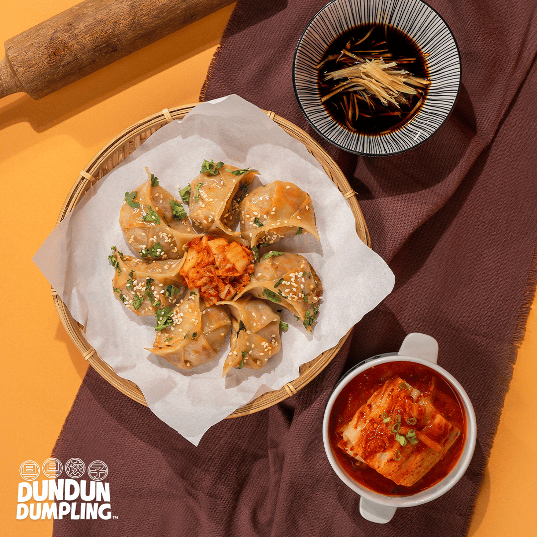 pork w kimchi dumpling. cooked dumpling. from top