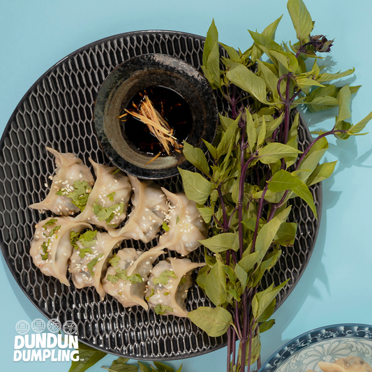 pork w basil dumpling. cooked dumpling from top